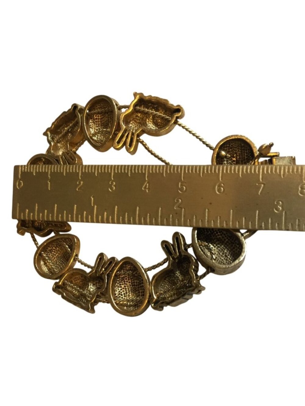 Vintage Gold-Tone Easter-Themed Bracelet W/ Bunny & Egg Charms Textured Design - Picture 6 of 6
